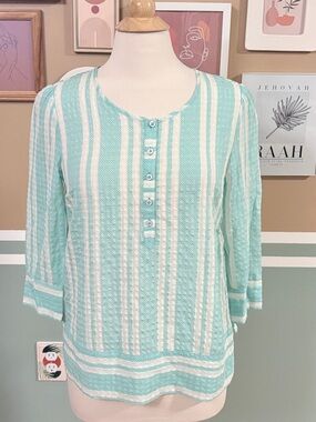 Vineyard Vines Mint & White Striped Henley Silk Blend Blouse